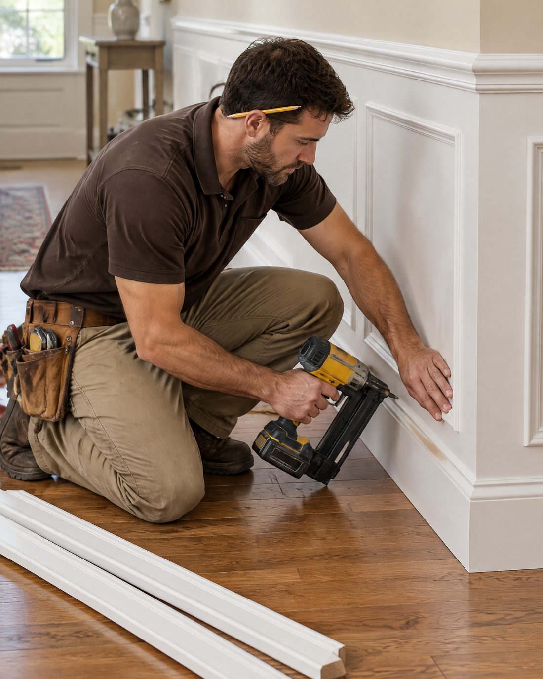 Finish carpenter kneeling to nail baseboard along a wainscoted wall