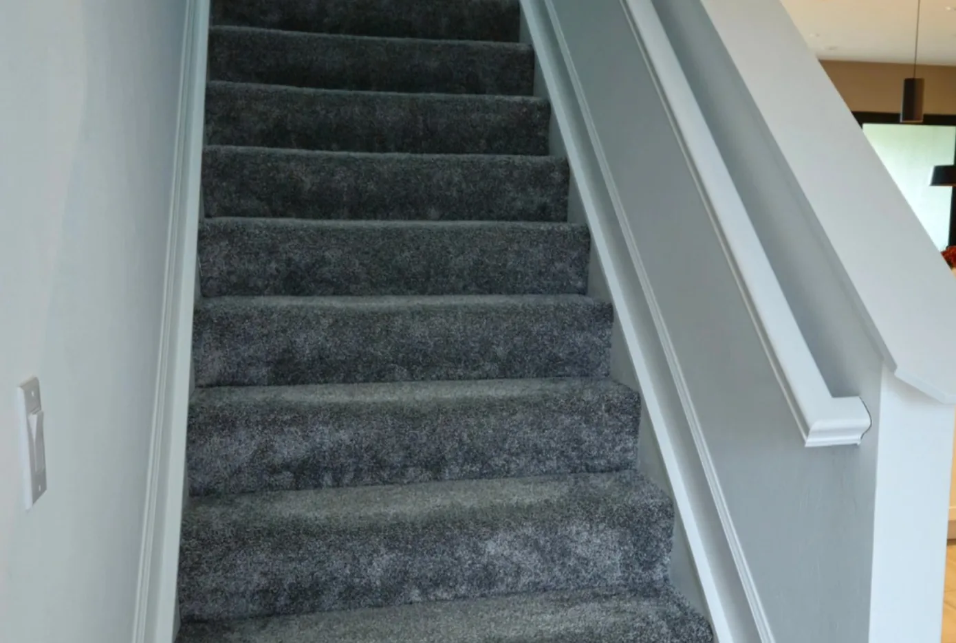 Carpeted staircase with white painted handrail and trim
